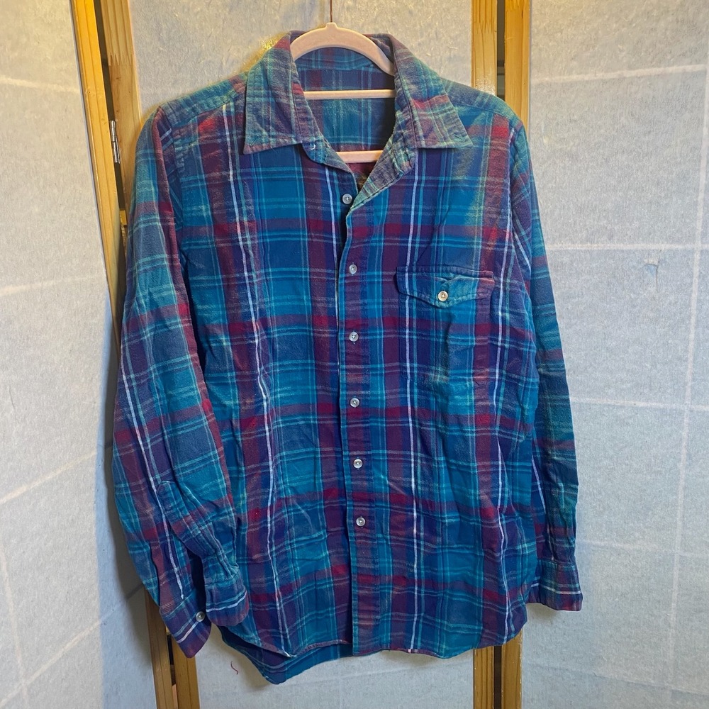 Vintage Plaid Flannel Shirt Mens Long Sleeve Blue Purple Teal Button Up Medium